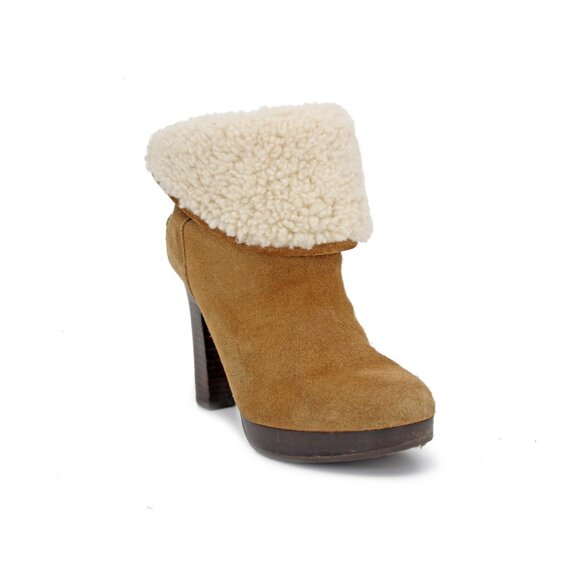 UGG ‘Dandylion II’ Suede Sheepskin Foldover Shearling Heeled Booties in Chestnut - Picture 3 of 10